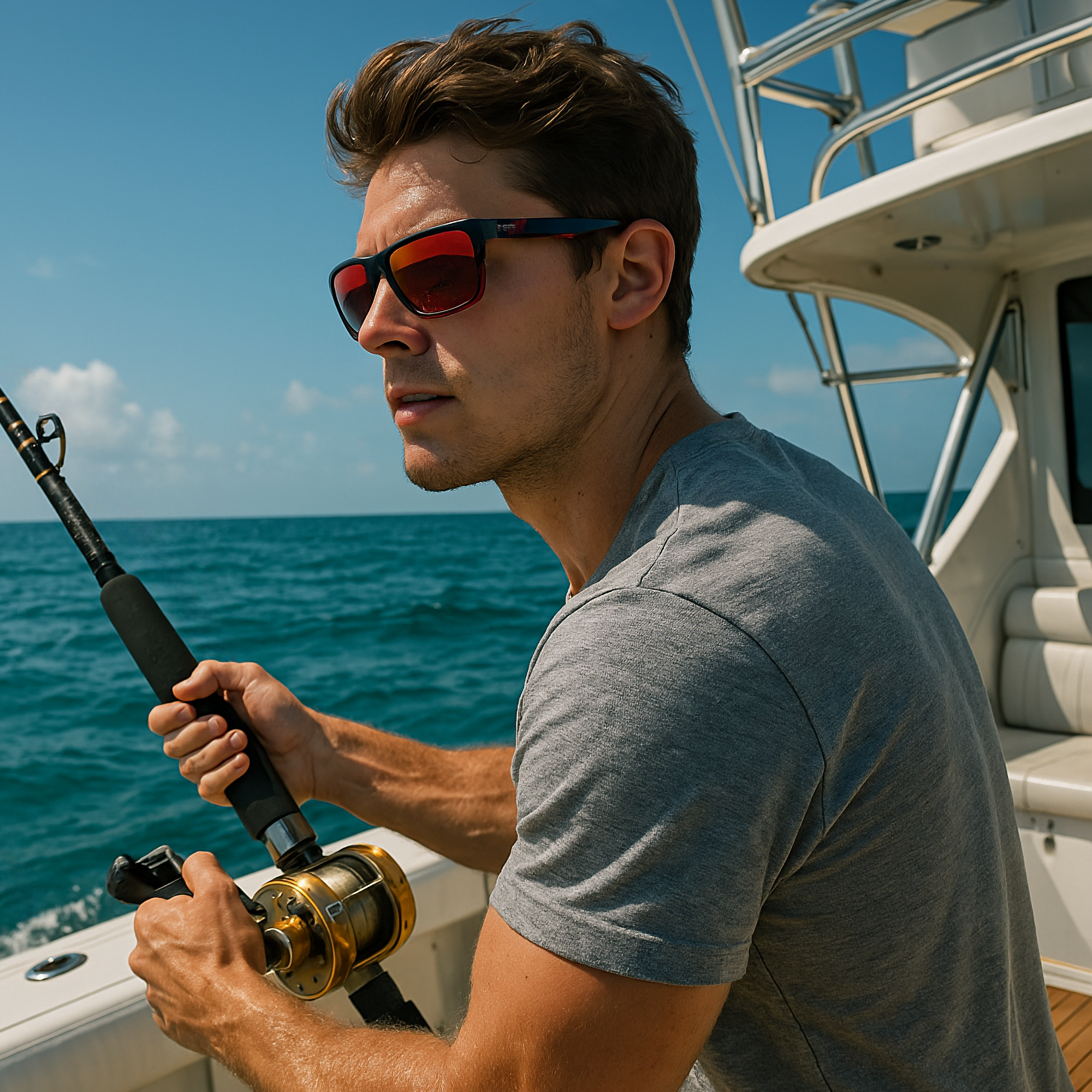 Man on a boat holding a fishing rod with ocean and sky in the background#color_sierra