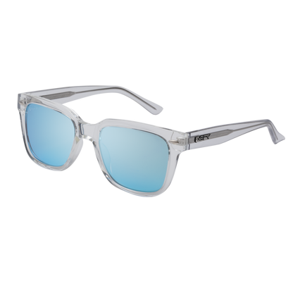 Clear frame sunglasses with blue-tinted lenses#color_oasis