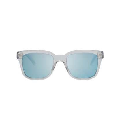 Clear frame sunglasses with blue-tinted lenses#color_oasis