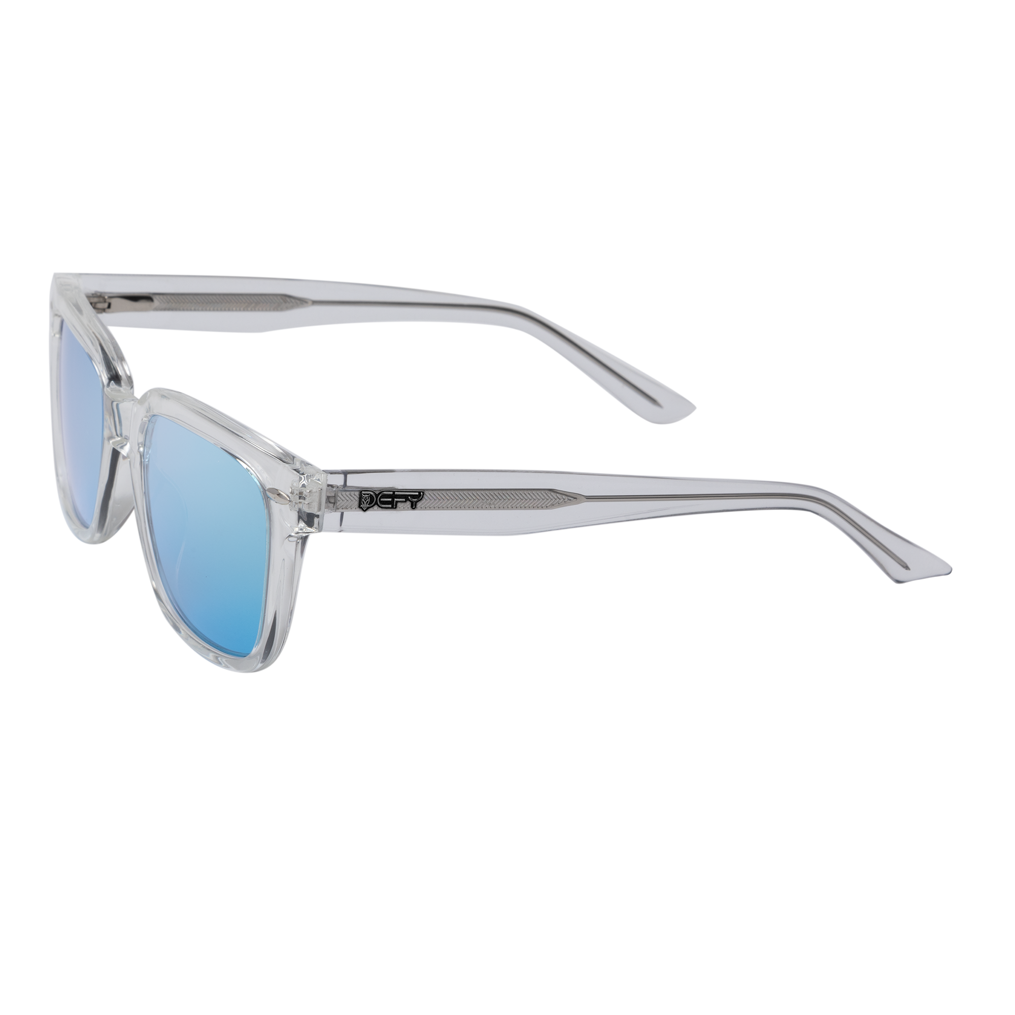 Clear frame sunglasses with blue-tinted lenses#color_oasis