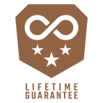 Logo with an infinity symbol and stars on a brown background, indicating a lifetime guarantee.